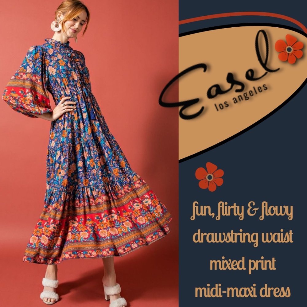 EASEL Full Flowy Puff Drawstring Ruffled Tie Boho Midi Maxi Colorful Comfortable